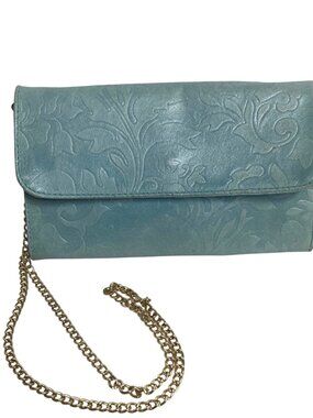 Vintage Embossed Leather Green Crossbody Bag Removable Gold Chain Strap Italy